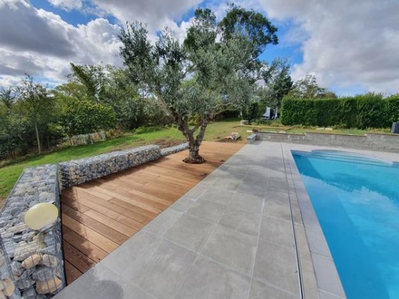 réalisation d'un olivier implanté dans une terrasse en bois devant une piscine, vue d'un troisième angles